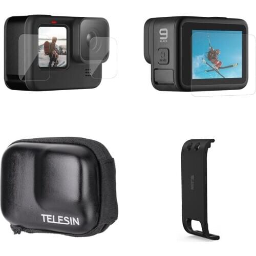 TELESIN Removable Battery Cover Tempered Glass Screen Protector HD Film Storage Protection Camera Bag for GoPro Hero 9 Black