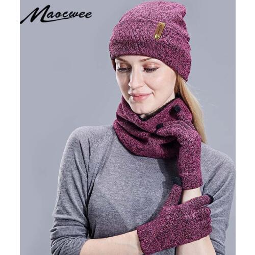 Women Men Hat Scarf Hat Glove Set Beanies Knitted Skullies Hats Autumn Winter Female Warm Unisex Wool Caps Scarf Set With Lining