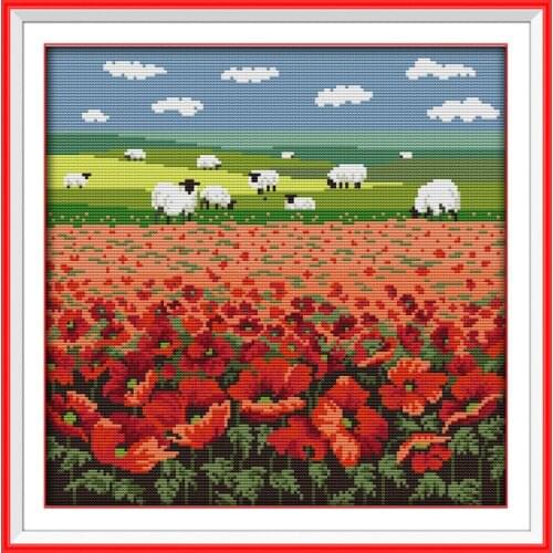Everlasting Love Poppy And Sheep Chinese Cross Stitch Kits Ecological Cotton Stamped Printed 11 14CT DIY Christmas Decorations