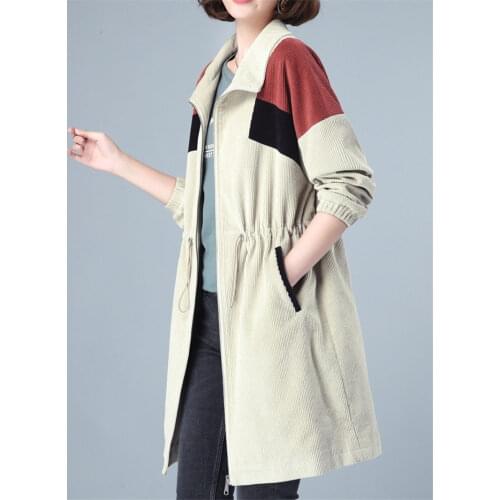 Corduroy Windbreaker For Women 2021 New Spring Autumn Large Size Loose Mid-Aged Stitching Color Female Casual Trench Coat aq143