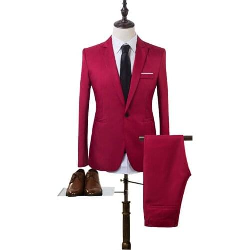 Wine Red Solid Mens Dress Blazers One Button Slim Thin Blazer Suit Wedding Business Costume Homme Casual 2 Piece Men Clothing