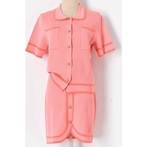 Knitted 2 Piece Set Women 2021 Summer Lapel Collar Short Sleeve Cardigan Sweater Shirt + Skirt Two Piece Set Outfits for Women