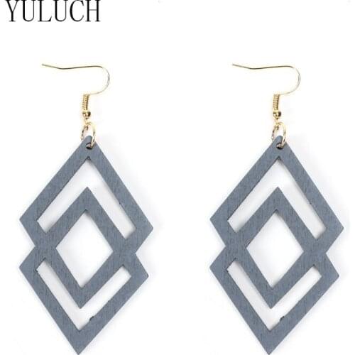 YULUCH Woman art wood hollow simple geometric pendant earrings office lady environmental protection wooden earrings girls H014