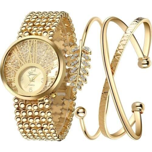 3 pieces-set Diamond Quartz Hand Watch 18K Real Gold Leaf Bracelet Casual Set Women Watch Luxury Ladies Wrist Watches for Women