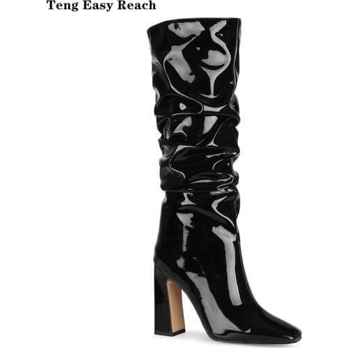 2020 Black Fashion Pleated Knee High Boots Women Cow patent leather Fang HeHigh Heels Long Boots Autumn Shoes 35-45