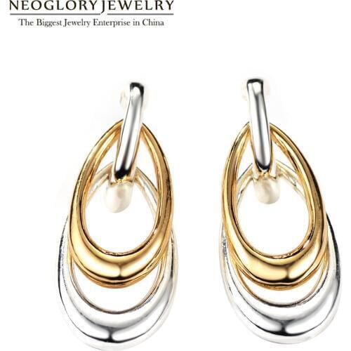 Neoglory Fashion Water Drop Two Tone Earrings For Women Jewelry Door Knocker Post Silver Plated Light Yellow Gold Color New FA