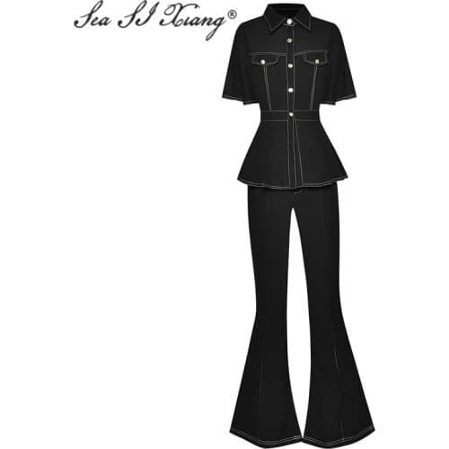 Seasixiang Fashion Designer Summer Black Suit Womens Short Sleeve Single-breasted Slim Tops + Flare Pants Two Pieces Set