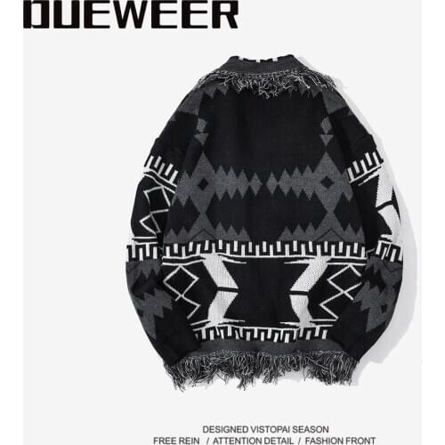 Dueweer Men Women Sweaters Japanese Retro Harajuku Streetwear Geometric Patchwork Tassel Raw Edges Cardigan Sweater