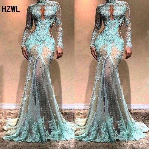 Sexy Keyhole High Neck Mermaid Evening Dress Long Sleeve Full Lace Applique See-through robe de soiree Prom Dresses 2019