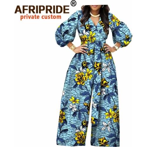 2020 african jumpsuit for women AFRIPRIDE three quarter lantern sleeve full length wide leg women cotton jumpsuit A1829011