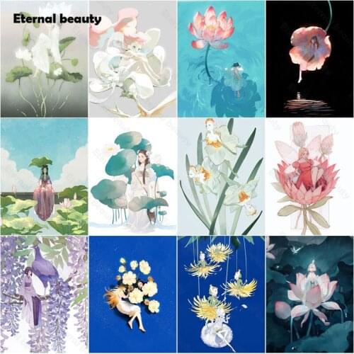 5D Diy Diamond Painting Lotus Girl Sitting On Lotus Leaf Landscape Cross Stitch Kits Needlework Cartoon Portrait Home Decor Sale