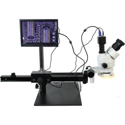 7X~45X trinocular Stereo Zoom Microscope Working in wide and high Distance for PCB Inspection Microscope +8 inch display