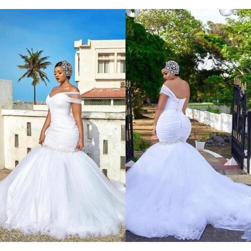 African Arabic One Shoulder Mermaid Wedding Dresses Pleated Open Back Buttons Cheap Long Country Plus Size Tight Bridal Gown