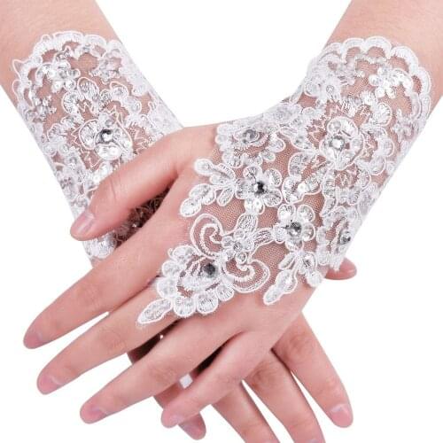 Free Shipping Wholesale Hot Sale White Elegant Write Fingerless Short Paragraph Rhinestone Bridal Wedding Gloves Lace Fingerless