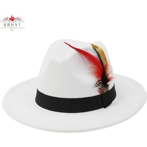 QBHAT Artificial Wool Fedora Hats Women Men Felt Vintage Style with Feather Band White Hat Flat Brim Top Jazz Panama Cap