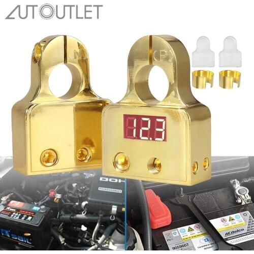 AUTOUTLET Car Battery Terminal Connectors with Voltmeter - 0/4/8 Or 10 Gauge AWG Positive Negative Battery Post Clamp & Shims