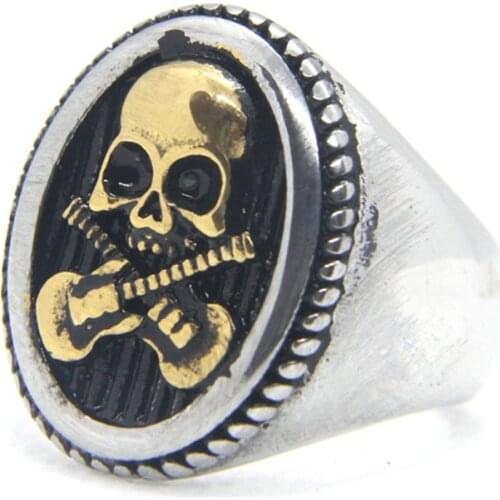 Support Dropship Size 7-14 Skull Ring 316L Stainless Steel Fashion Jewelry Double Guitar Rock Ring