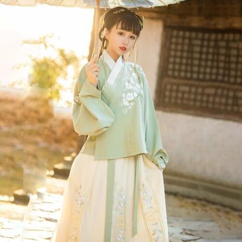 Cross Collar Hanfu Suit Women Embroidery Flower Long Sleeve Novelty Traditional Costume Set Green Fairy Cosplay Clothes