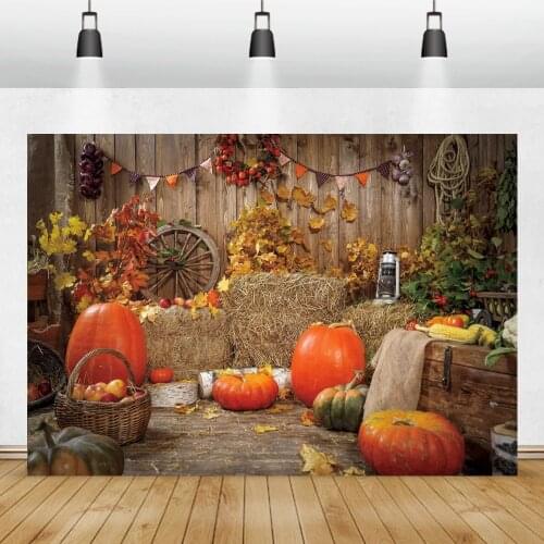 Laeacco Photo Backdrop Rural Farm Wooden Warehouse Haystack Pumpkin Autumn Maples Baby Newborn Photo Background Photo Studio