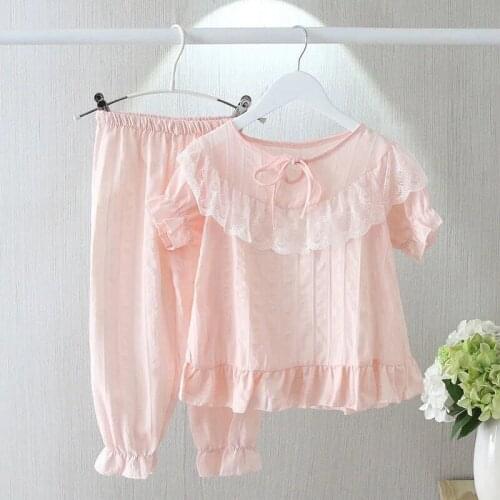 Summer childrens Short sleeved pajamas suit for kids 100%cotton girls household clothes Lace Cute pajamas Girl Sleeping wear