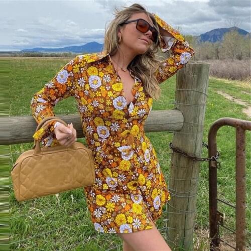 Puloru Floral Print Wrap Mini Shirts Dress Summer Autumn Casual Women Long Sleeve Turn down Collar Short Dress Beach Vacation