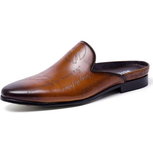 Business Half Slippers Mens Office Summer Trend Personalized Carved Dress Genuine Leather Breathable Toe Cap Shoes