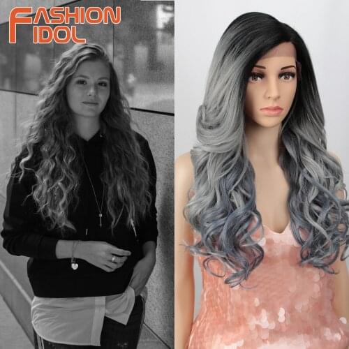 Grey Mixed Black Lace Wig Side Part Long Loose Deep Wave Hair 22 Inches Synthetic Blonde Lace Wigs For White Women FASHION IDOL