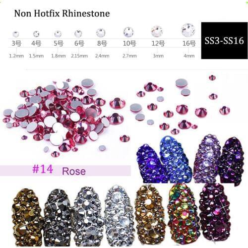 Rose Glass Rhinestones ss3 ss4 ss5 ss6 ss10 ss12 ss16 1440 pcs Non HotFix 3D Nail Art Decorations Flatback Rhineston (No.14)