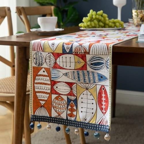 Light Luxury Funny Fish Table Runner for Easter Christmas with Tassel Table Flag Tablecloth Table Cover Home Party Wedding Decor