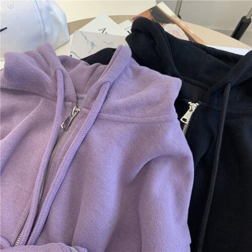 New Korean Fashion Zipper Purple Hooded Sweatshirt Women Harajuku Streetwear Oversized Jacket Clothes Long Sleeve Tops