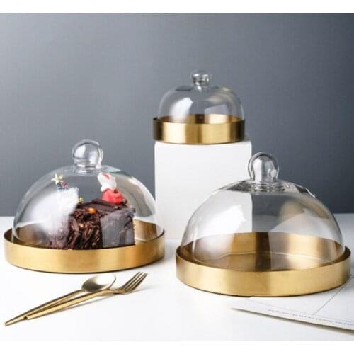 Europe Style Stainless Steel Cake Plate with Glass Cover Gold Color Desserts/Fruits Plate Dusf-Proof Fresh-Keeping Food Tray
