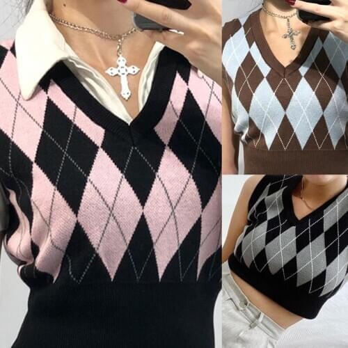 Vintage Crop Top Argyle Sweater Vest V Neck Sleeveless Tank Jumper Preppy Style Plaid Knitted Pullover Autumn Winter Clothes