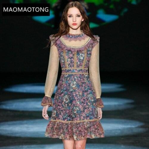 Womens Clothing 2021 Fashion Designer Dress Summer Women Dress Stand collar Mesh Patchwork Floral print Vintage Mini Dress