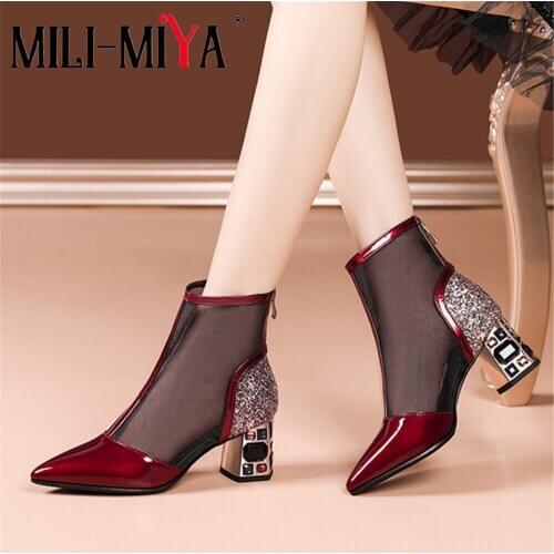 MILI-MIYA New Arrival Women Cow Patent Leather Cool Ankle Boots Pointed Toe Zipper Thick Heels Plus Size 34-43 Summer Shoes