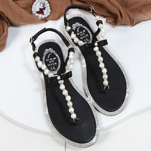 Women sandals 2021 new summer shoes flat pearl sandals comfortable string bead beach slippers casual sandals pink white black