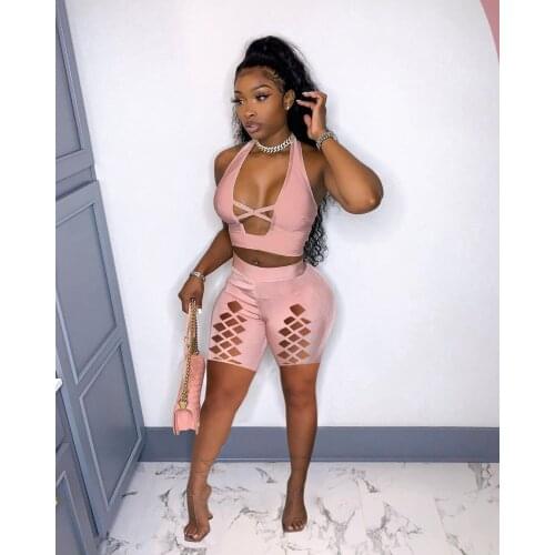 Sexy Deep V Neck Cross Hollow Out Short Tracksuit Women Casual Sportswear Halter Crop Top + Biker Shorts Slim Two Piece Set