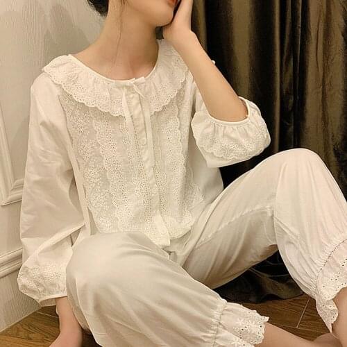 Womens Vintage Pajamas Set Cute Sweet 100% Cotton Long-Sleeved Floral Homewear Sleeping Suit For Spring Autumn White Pyjamas