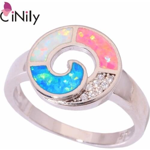 CiNily White Blue Pink Fire Opal Stone Rings Silver Plated Clear Full Cubic Zirconia Crystal Finger Ring Chic Jewelry Woman Girl