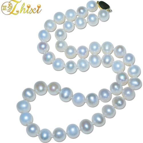 ZHIXI Natural Pearl Jewelry Pearl Necklace 18K Gold Natural Freshwater White Near Round 10-11mm Fine Gift For Women X258-18K