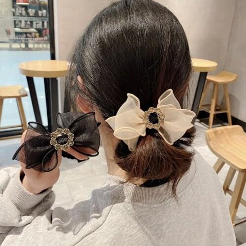 1PCS 2021 New HairAccessories Female Rhinestone Bow HairRope Organza Temperament Head Rope Ball Head Tie HairRing Rubber Band