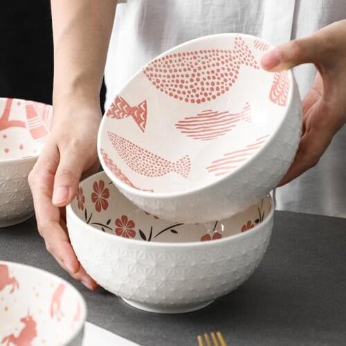 1PCS 6 Inch Tableware Japanese Hand Painted Relief Ceramic Underglaze Home Restaurant Rice Bowl Noodle Bowl Ramen Soup Bowl