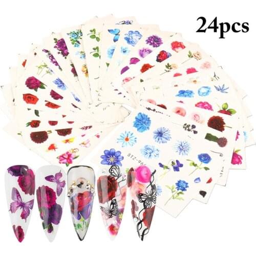 24 Sheets Water Transfer Sticker Colorful Butterfly Rose Flower Nail Sticker Nail Decal Summer DIY Manicure Tools for Women