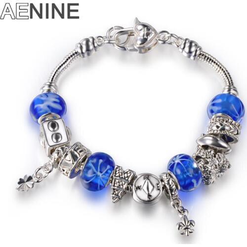AENINE Vintage Silver Plated Torre Eiffel & Compass Charm Bracelets For Women Blue Murao Glass Beads Bangles Jewelry PABR023