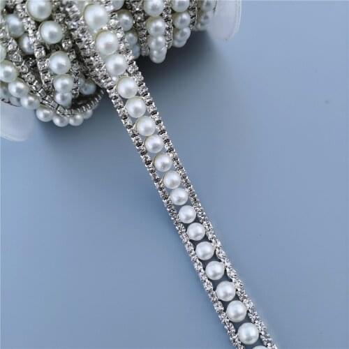 1 feet Pearl Crystal Chain Rhinestone Trim Ribbon Metal Chain for Dress Artcraft House Costume Sewing Decoration 12mm Width