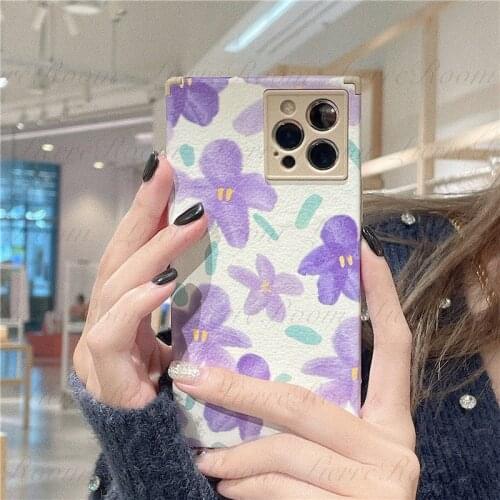 LierreRoom Purple Oil Painting Flower Phone Case For IPhone 12 Pro Max XS All-inclusive Soft Shell 8 Iphone 11 Square Lambskin