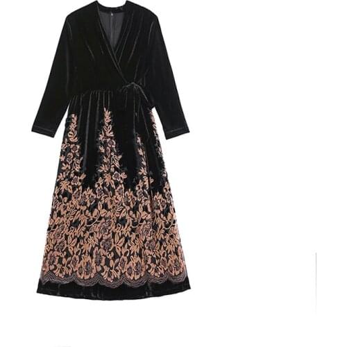 Floral Print Vestidos Elegant Plus Size Dress Sashes Robes Black V-neck Robe Longue Femme Luxurious Women Clothes