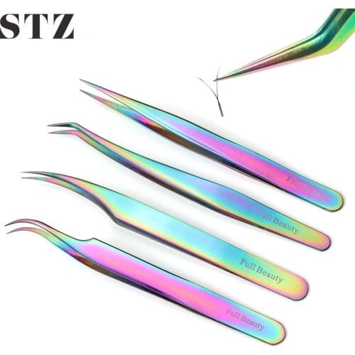 STZ Curved Straight Tweezers Rainbow Volume Eyelash Extension Fan Lash Eyebrow Nipper Precision Forceps Makeup Tools FBT1-4