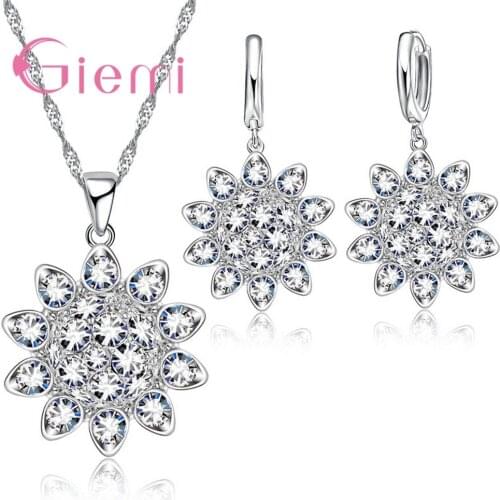 Original 925 Sterling Silver Jewelry Set CZ Sun Flower Shape Bridal Necklace Earring Accessories Romantic Wedding Gift