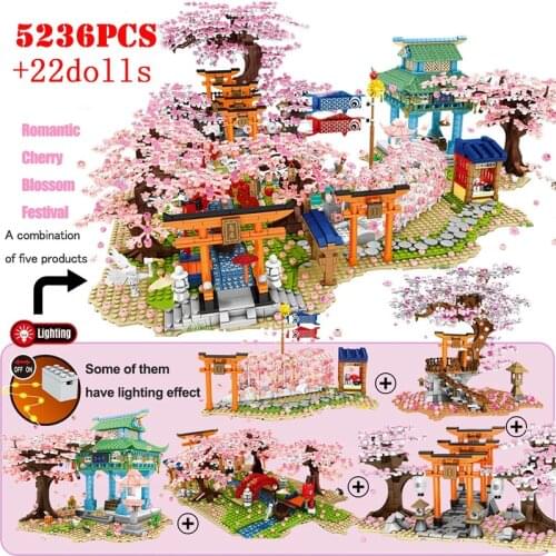 Sakura Blocks City Cherry Blossom Building Blocks Mini Street View Japanese Sakura House Tree Model Bricks Children Toys Kids