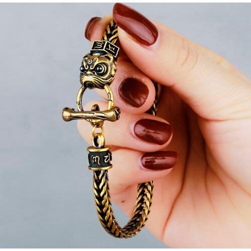 Lion Mens Women Copper Bracelet Brass Bangle Vintage Punk Hip Hop Chinese Style For Couple Girl Boyfriend Jewelry Gift Wholesale